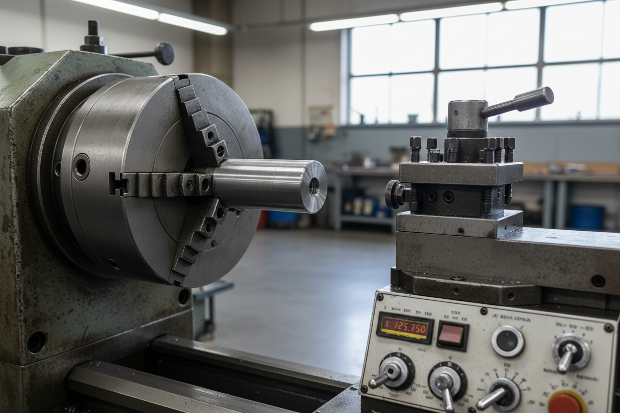 Close up of a used lathe machine spindle chuck and tool post